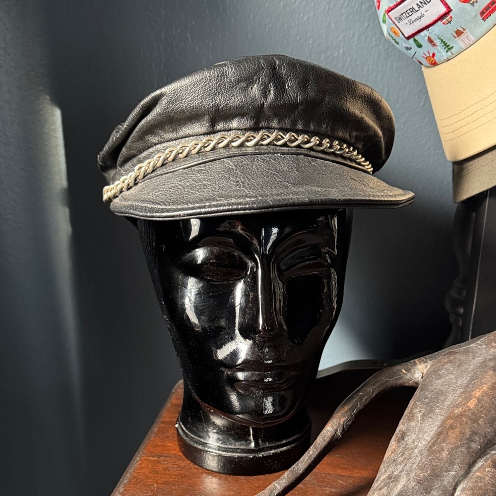 Black Leather Cap Hat with Chain Detail OSFA One Size Fits All vintage? Biker